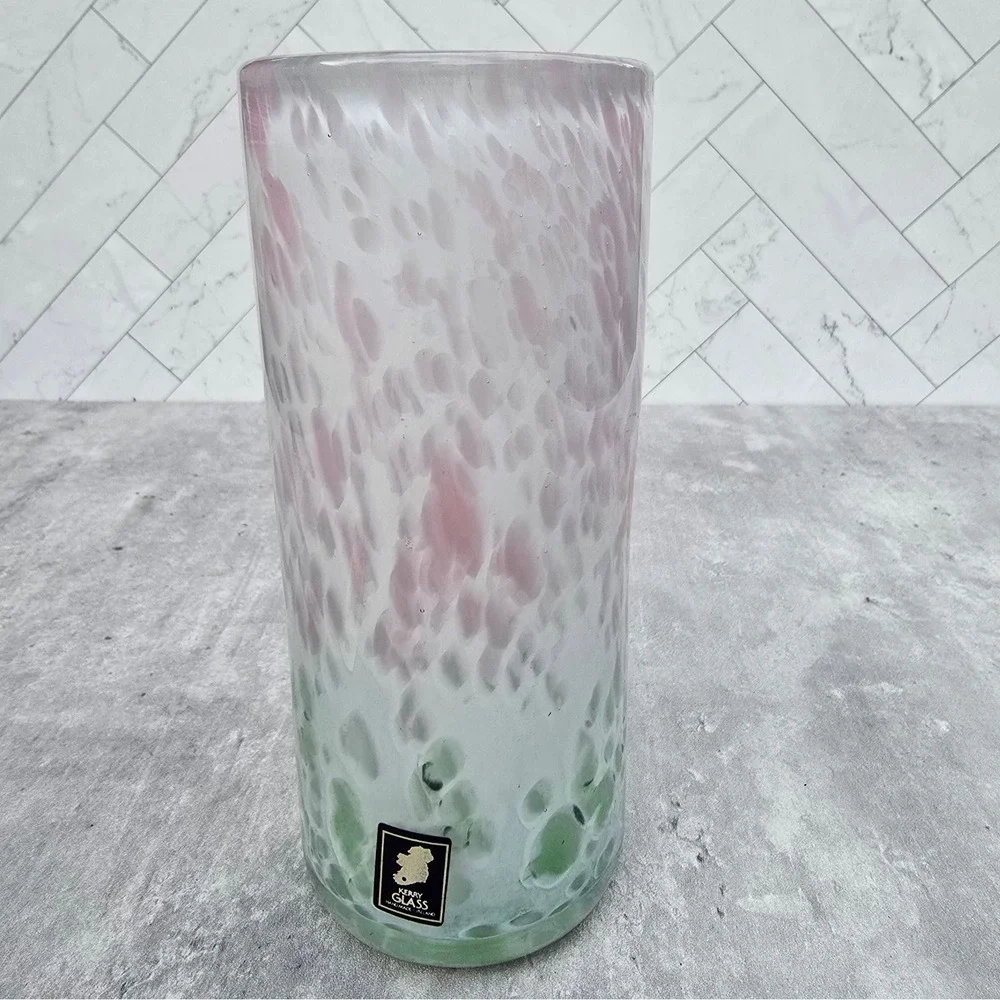 Kerry Glass Handmade Irish Art Glass Cylinder Vase Pink Green Mottled Confetti